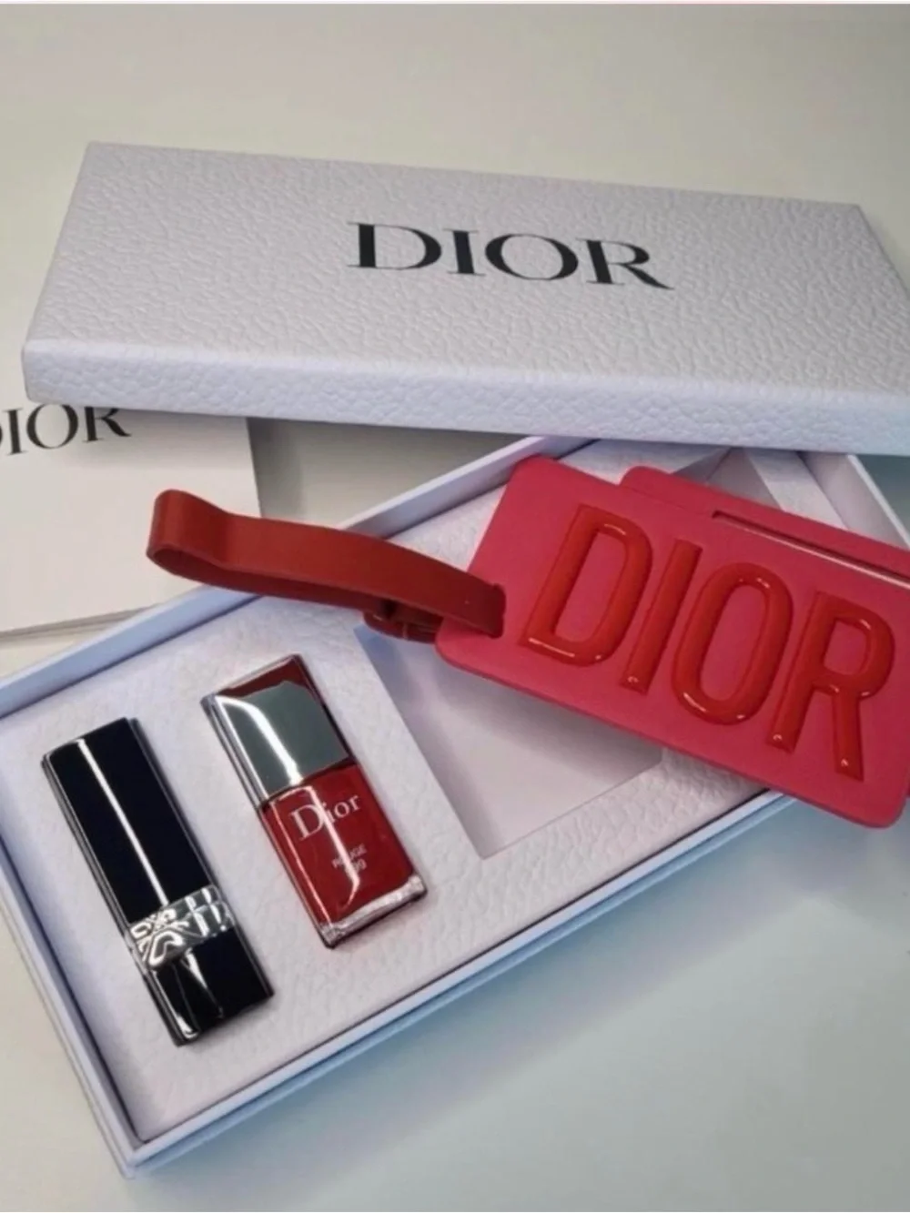 Dior - 3-Pc. Travel Set | Luggage Tag - 999 Red Satin Lipstick & Polish - NIB